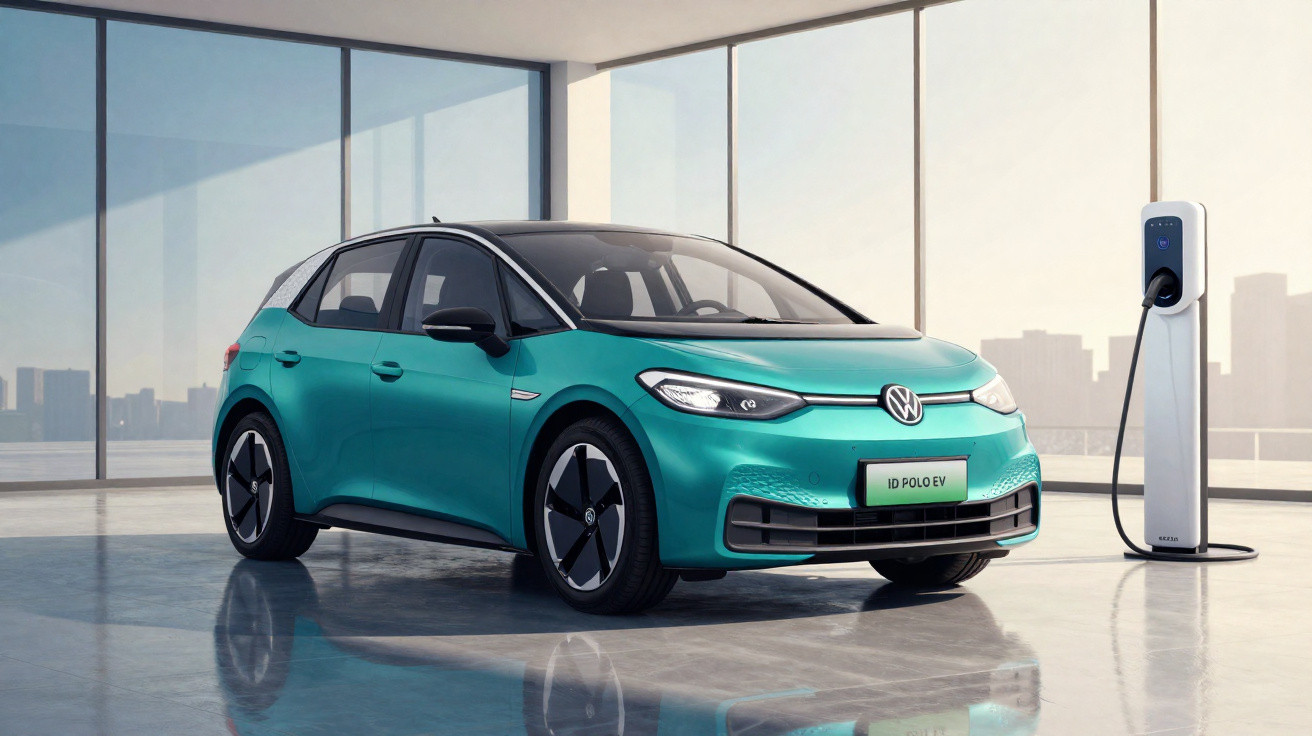 Türkisfarbener Volkswagen ID. Polo EV steht in modernem Raum und lädt an Ladestation.