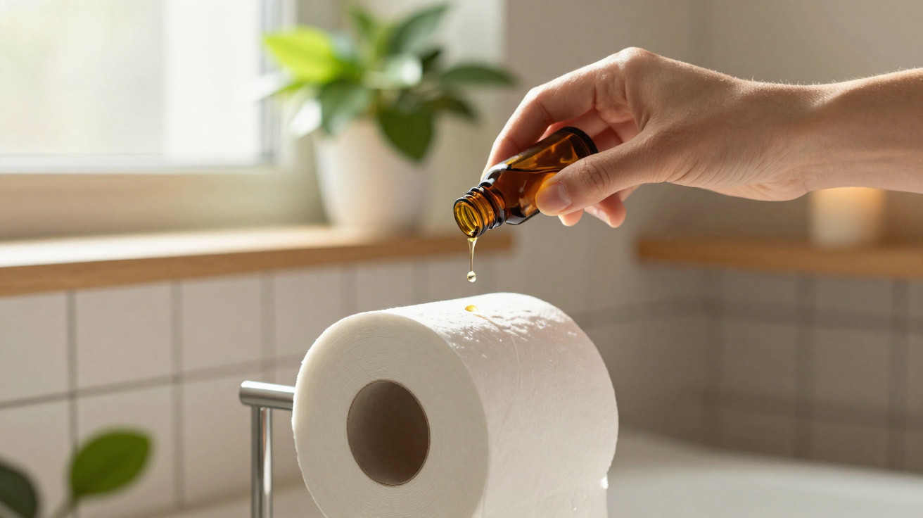 Hand träufelt Duftöl auf eine Rolle Toilettenpapier in einem hellen Badezimmer mit Pflanzen.