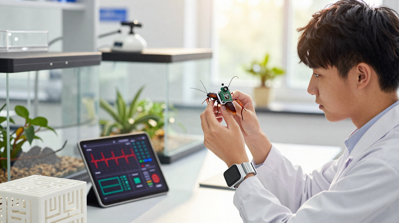 Forscher im Labor untersucht eine kleine elektronische Insektenroboter mit Tablet im Hintergrund