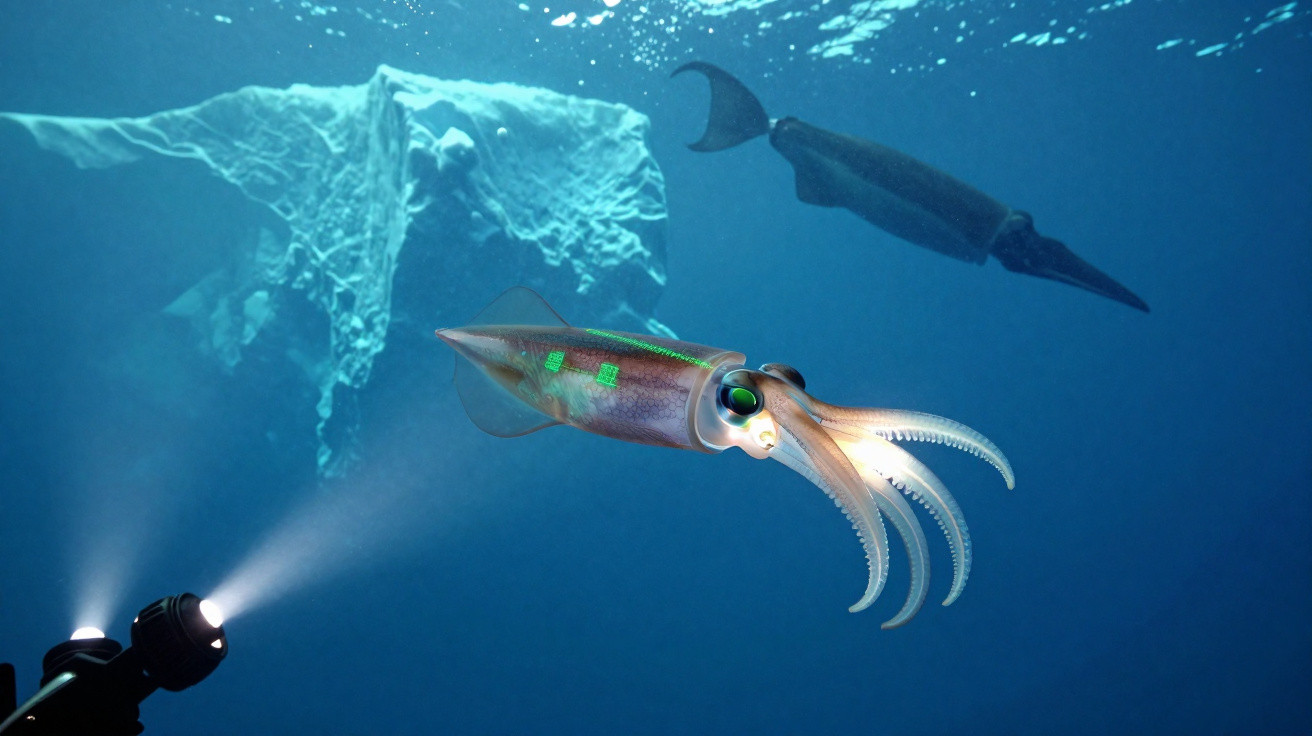 Unterwasseraufnahme von zwei Leucht-Tintenfischen mit Eisberg im Hintergrund und Taschenlampenlicht im Vordergrund.