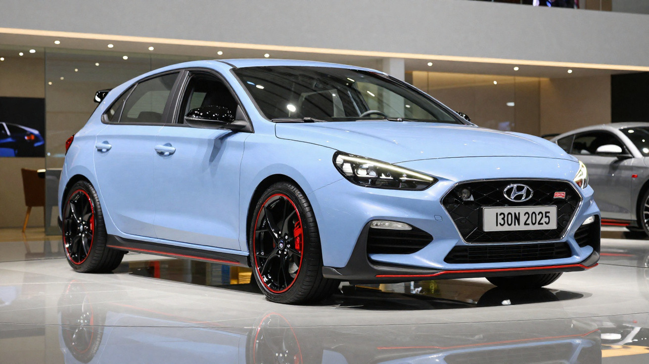 Hellblauer Hyundai i30 N mit schwarzen und roten Akzenten auf Autoshow, glatt reflektierender Boden