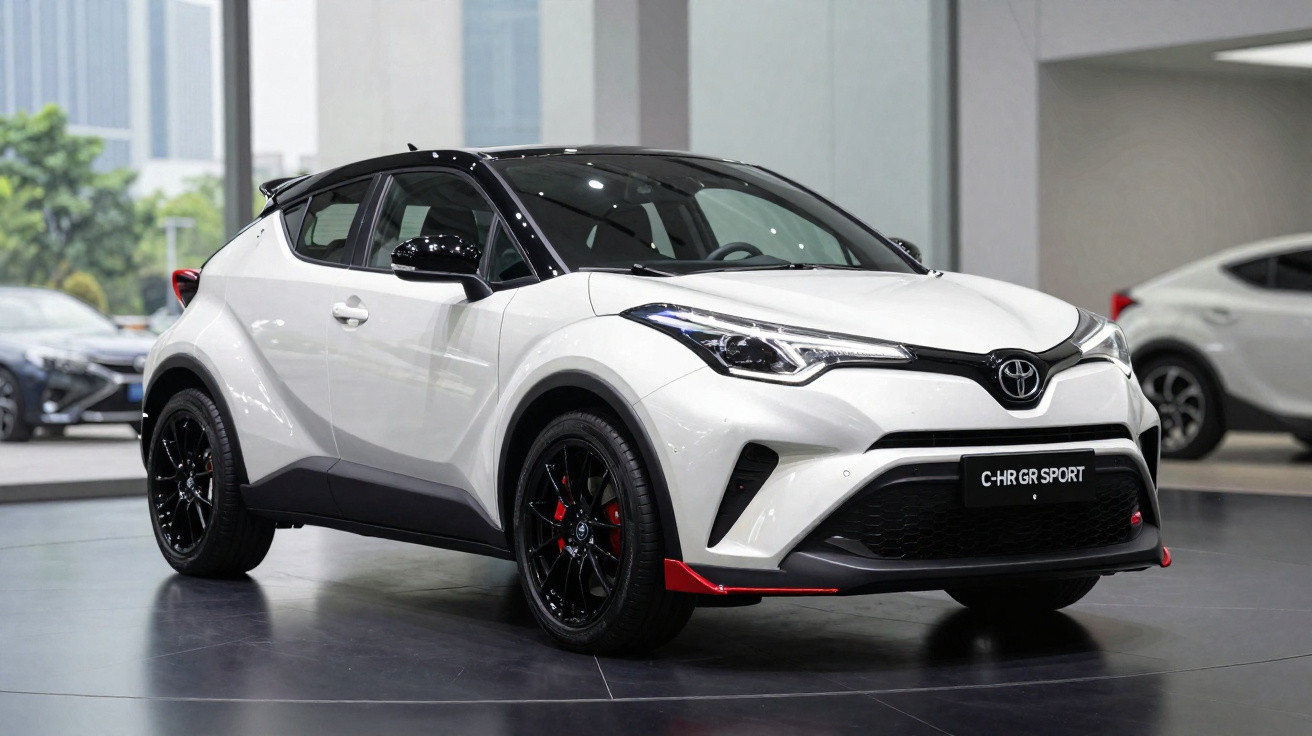 Weißer Toyota C-HR GR Sport mit schwarzem Dach und roten Akzenten auf Ausstellungsfläche im Autohaus.