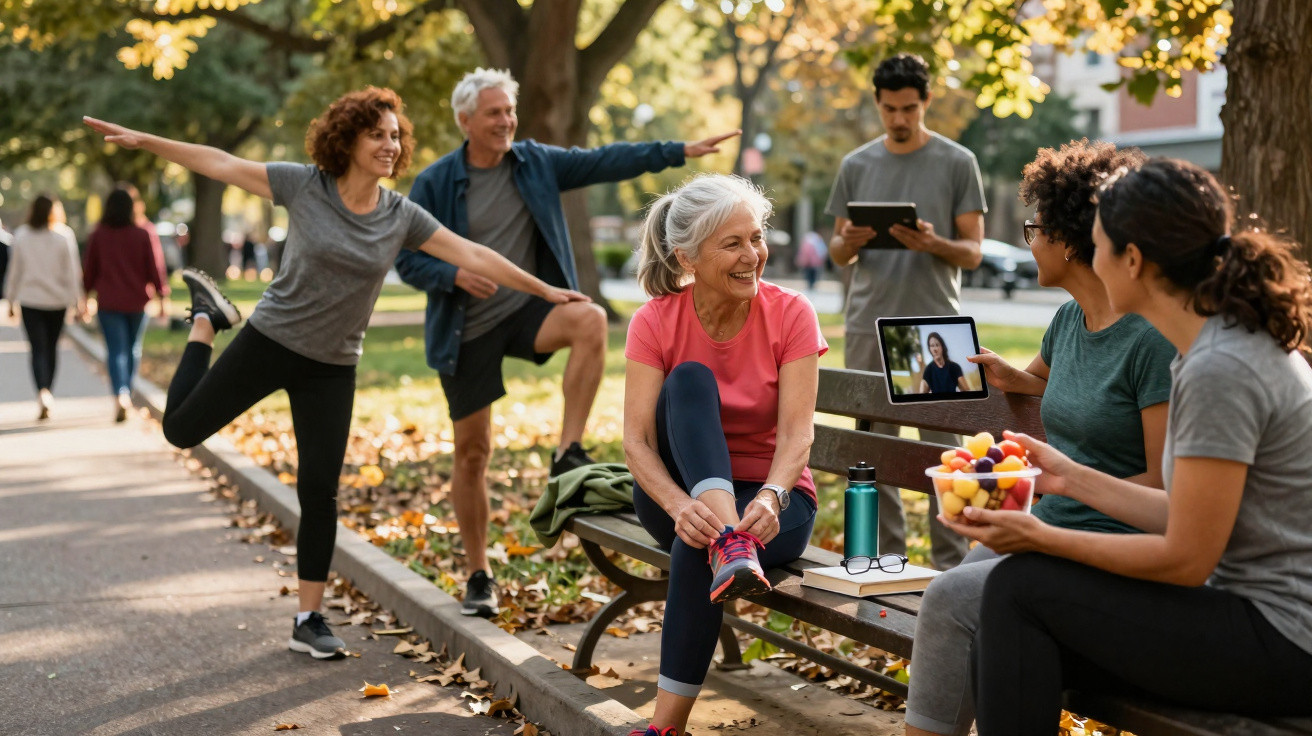 Seniorinnen und Senioren machen Gymnastik im Park, während andere auf der Bank plaudern und ein Tablet benutzen.