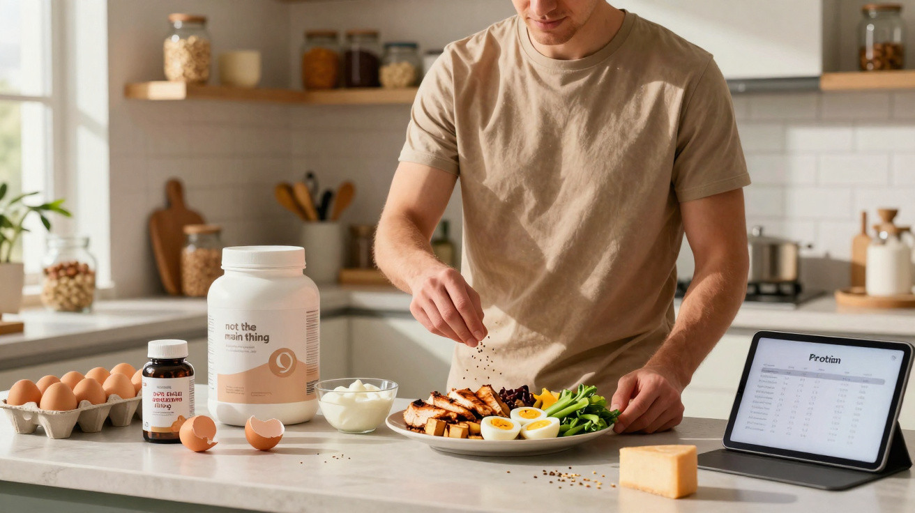 Mann würzt proteinreiche Mahlzeit mit Eiern und Gemüse auf Küchenarbeitsplatte mit Nahrungsergänzungsmitteln.