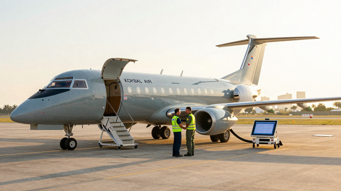 Businessjet mit offener Tür und zwei Personen in Warnwesten stehen auf der Startbahn neben einem mobilen Monitor.