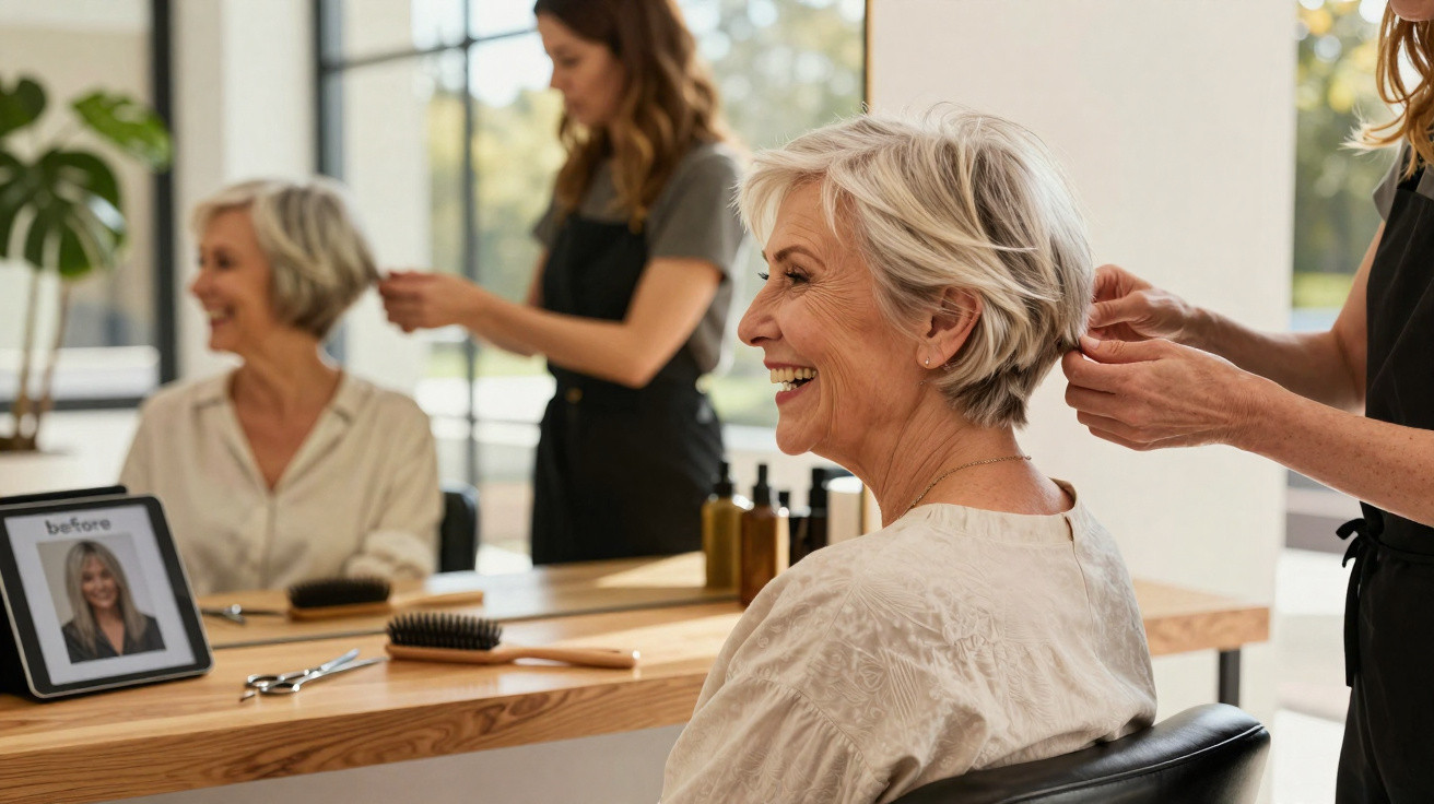 Ältere Frau lächelt im Friseursalon, während Stylistin ihre Haare frisiert, Spiegel und Tablet mit Vorher-Foto sichtbar.