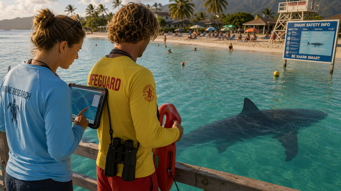 Rettungsschwimmer und Forscher beobachten einen Hai im klaren Wasser an einem belebten Strand.
