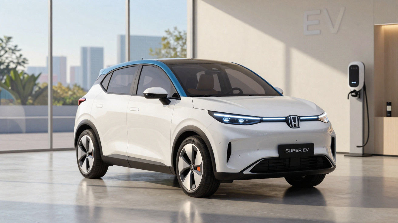 Weißes Honda Super EV Elektroauto in modernem Raum mit Ladestation im Hintergrund.