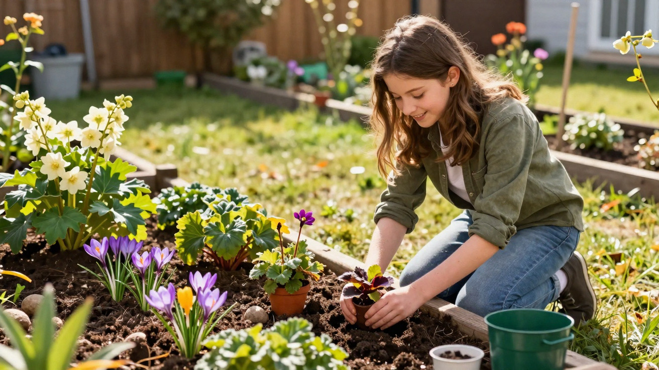 Mädchen pflanzt Blumen in einem sonnigen Gartenbeet mit bunten Frühlingsblumen.