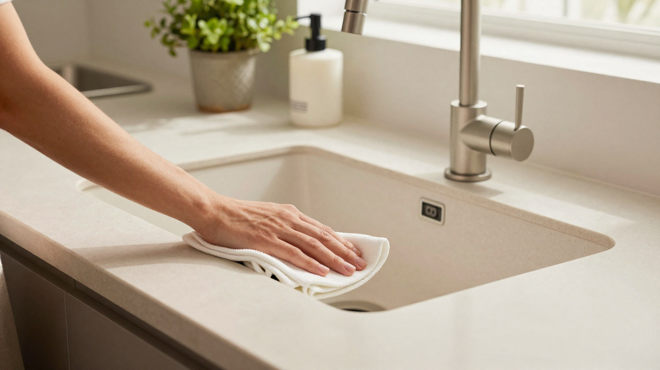 Hand wischt mit Tuch eine saubere Küchenspüle mit Wasserhahn und Seifenspender ab.
