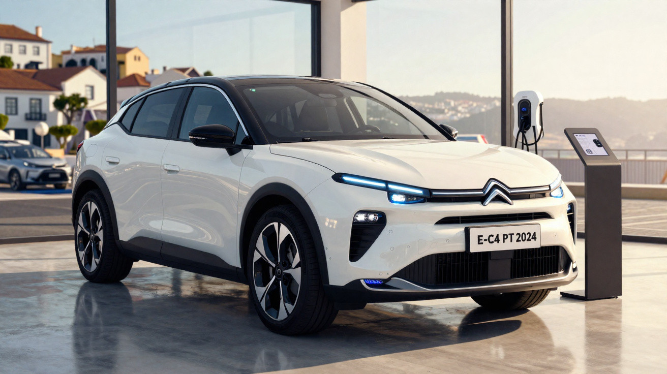Weißer Citroën E-C4 PT 2024 Elektro-SUV lädt an Ladestation vor modernem Gebäude bei Sonnenlicht.
