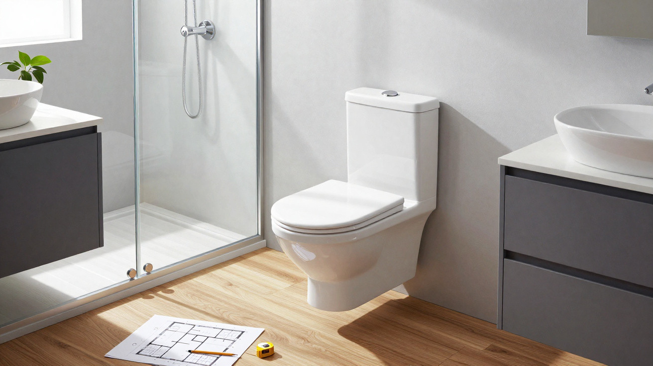 Modernes Badezimmer mit wandhängendem WC, Glasdusche, Waschtisch und Holzfußboden.