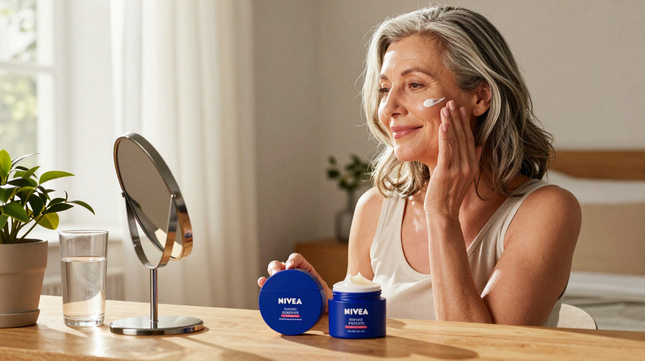 Ältere Frau trägt Nivea Gesichtspflegecreme auf, sitzt am Tisch vor Spiegel in hellem Raum.