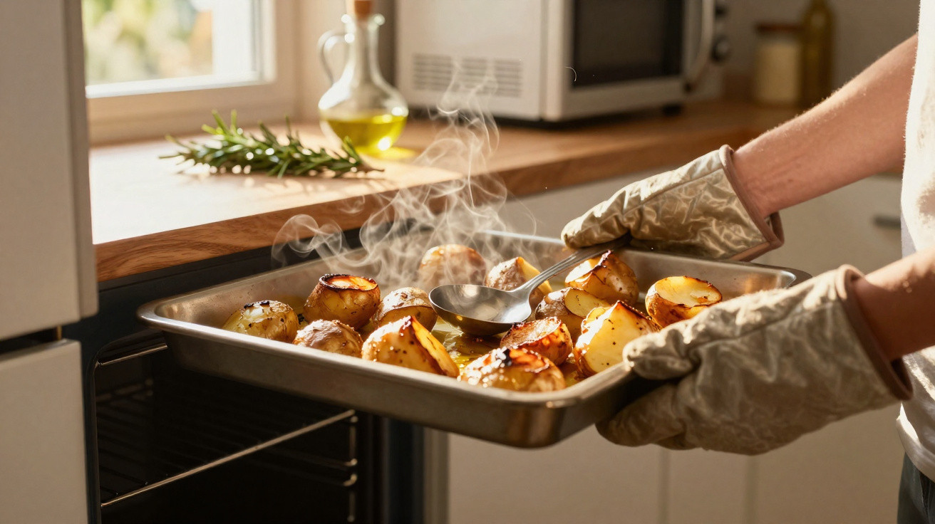Armstützende Person holt mit Ofenhandschuhen ein Blech mit dampfenden, gebackenen Kartoffeln aus dem Ofen.