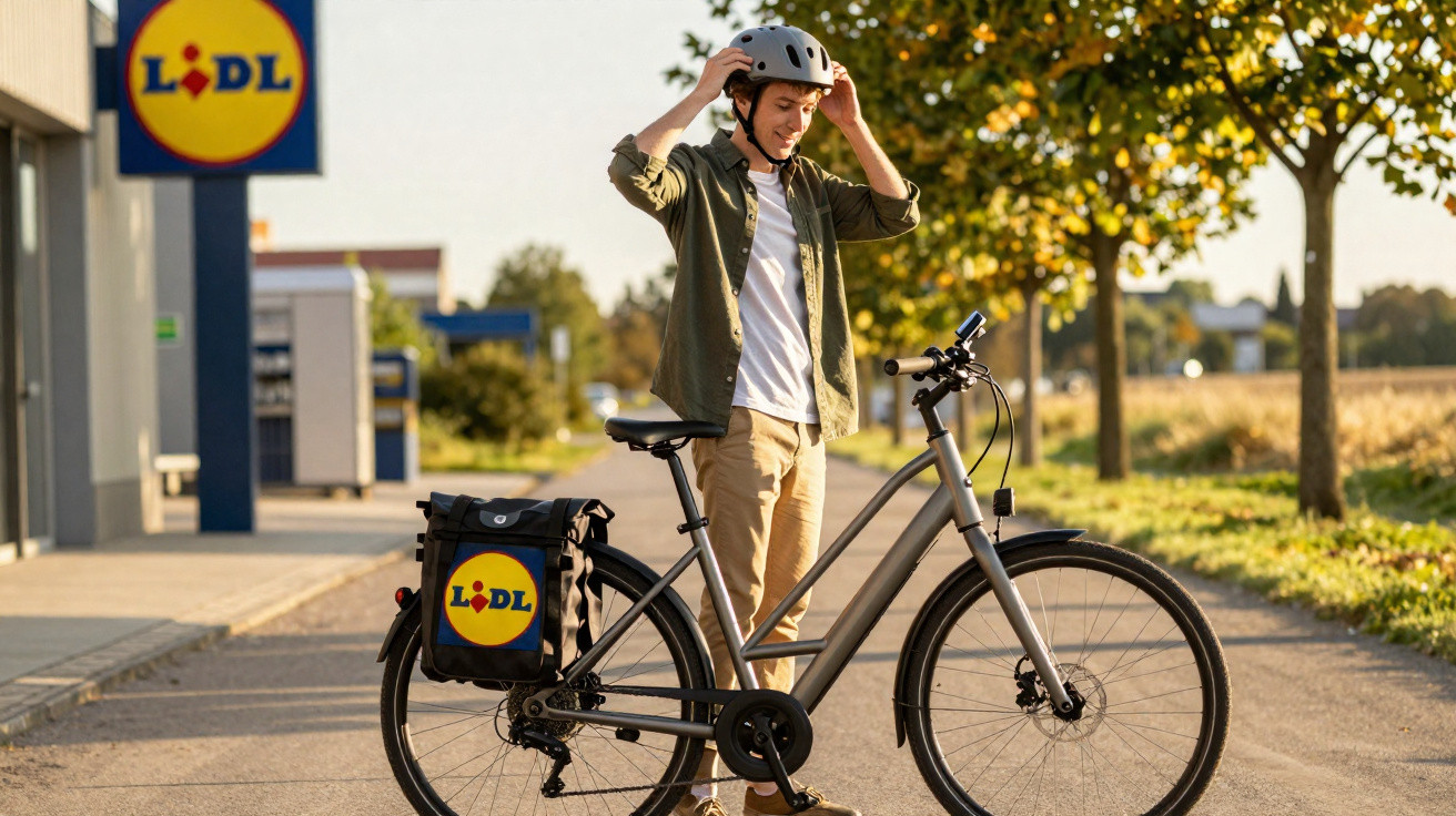 Junger Mann mit Fahrrad vor Lidl-Markt setzt Fahrradhelm auf, Umgebungsbäume und Sonnenschein sichtbar.