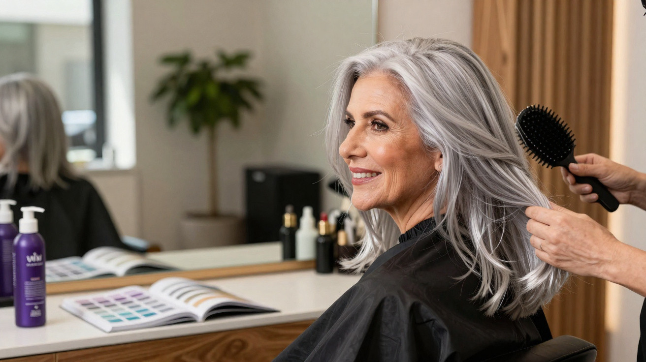 Ältere Frau mit grauen Haaren lässt sich im Friseursalon die Haare bürsten und lächelt zufrieden.
