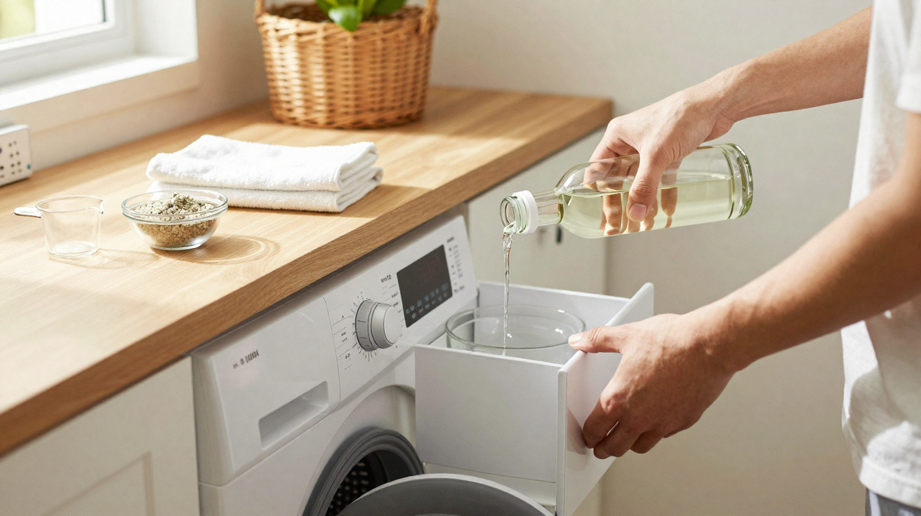 Person gießt Flüssigkeit in Waschmittelbehälter einer Waschmaschine in heller Waschküche.