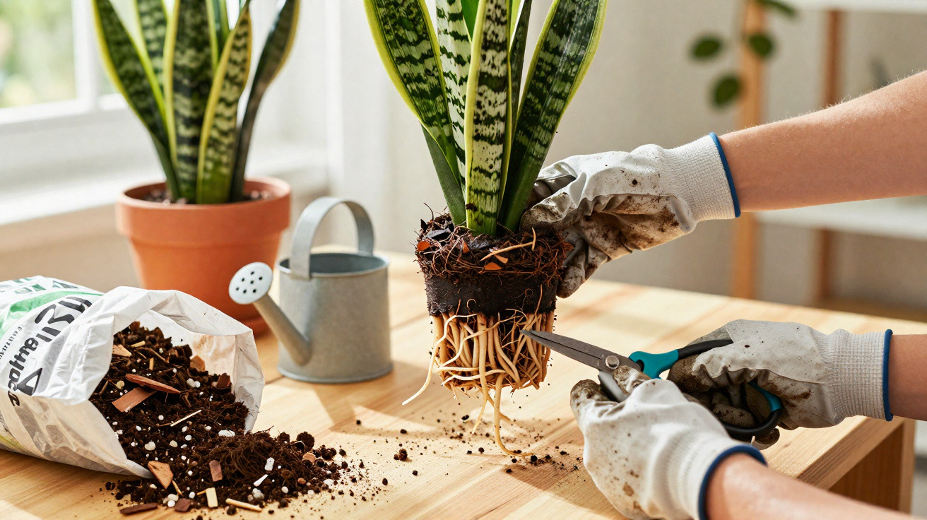 Person schneidet Wurzeln von Zimmerpflanze beim Umtopfen mit Handschuhen und Gartenschere ab.