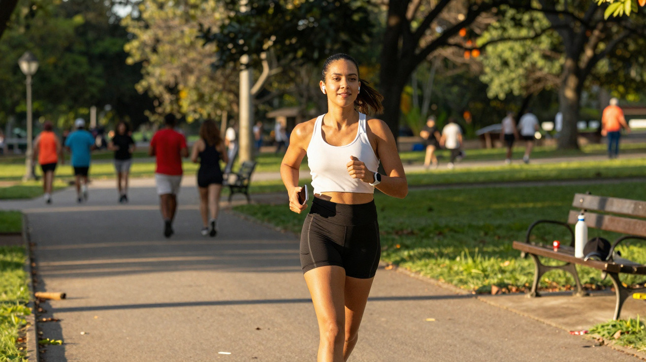 Junge Frau joggt im Park auf einem sonnigen Weg, weitere Läufer und Spaziergänger im Hintergrund.