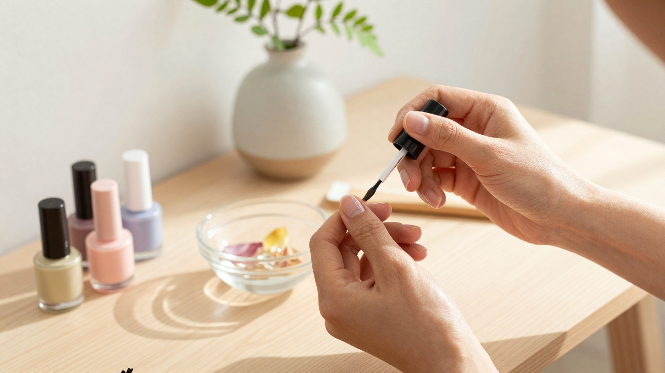 Person trägt Nagellack auf Fingernagel auf, Nägel lackieren, Nagelpflege zu Hause.