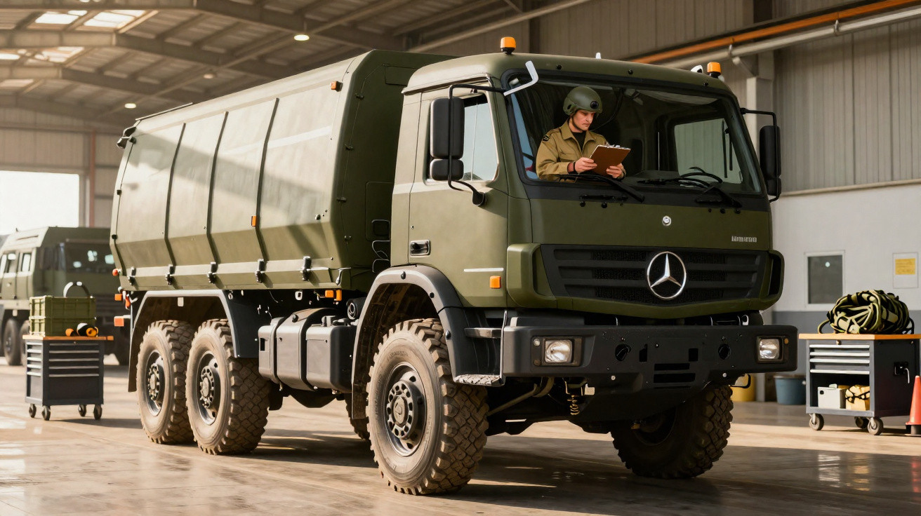 Militär LKW Mercedes-Benz 6x6 in einer Halle, Fahrer mit Helm liest Clipboard, Werkstattutensilien im Hintergrund.