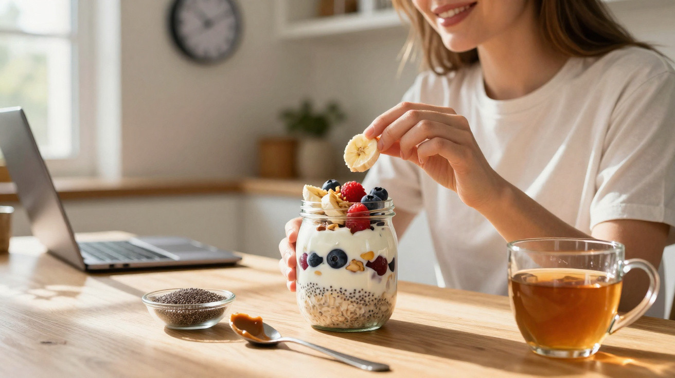 Frau legt Bananenscheibe auf Joghurt mit Beeren, Nüssen und Chiasamen am Küchentisch neben Laptop und Tee.