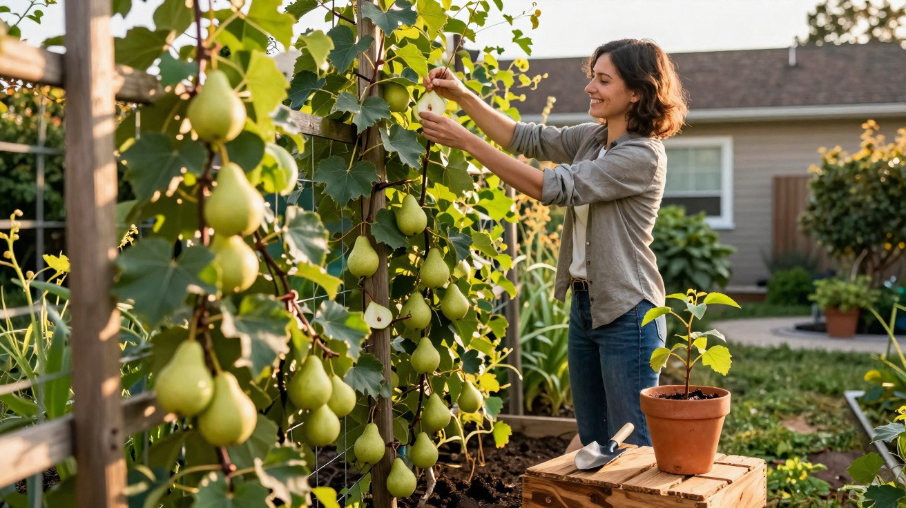 Frau erntet Birnen an einer Spalierobstpflanze in einem sonnigen Garten vor einem Haus.