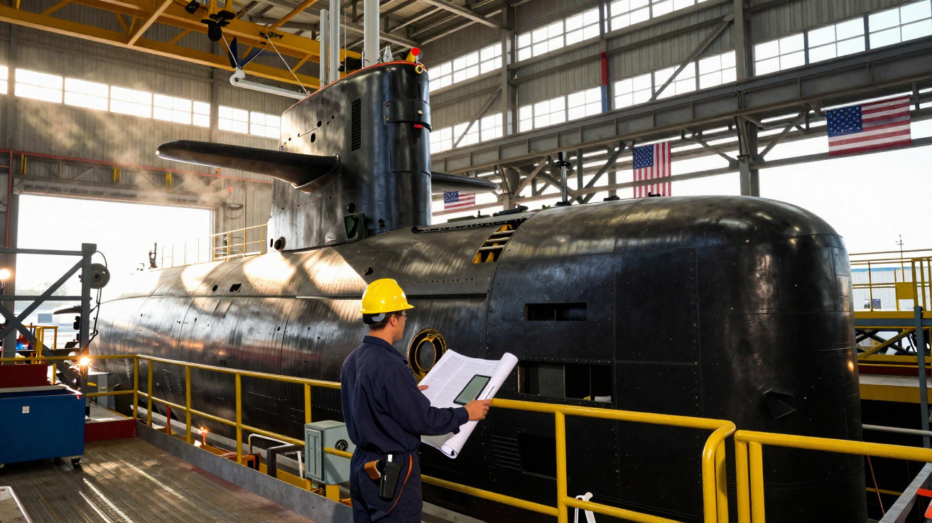 Ingenieur mit Schutzhelm überprüft Baupläne an schwarzem U-Boot in Werfthalle mit US-Flaggen.