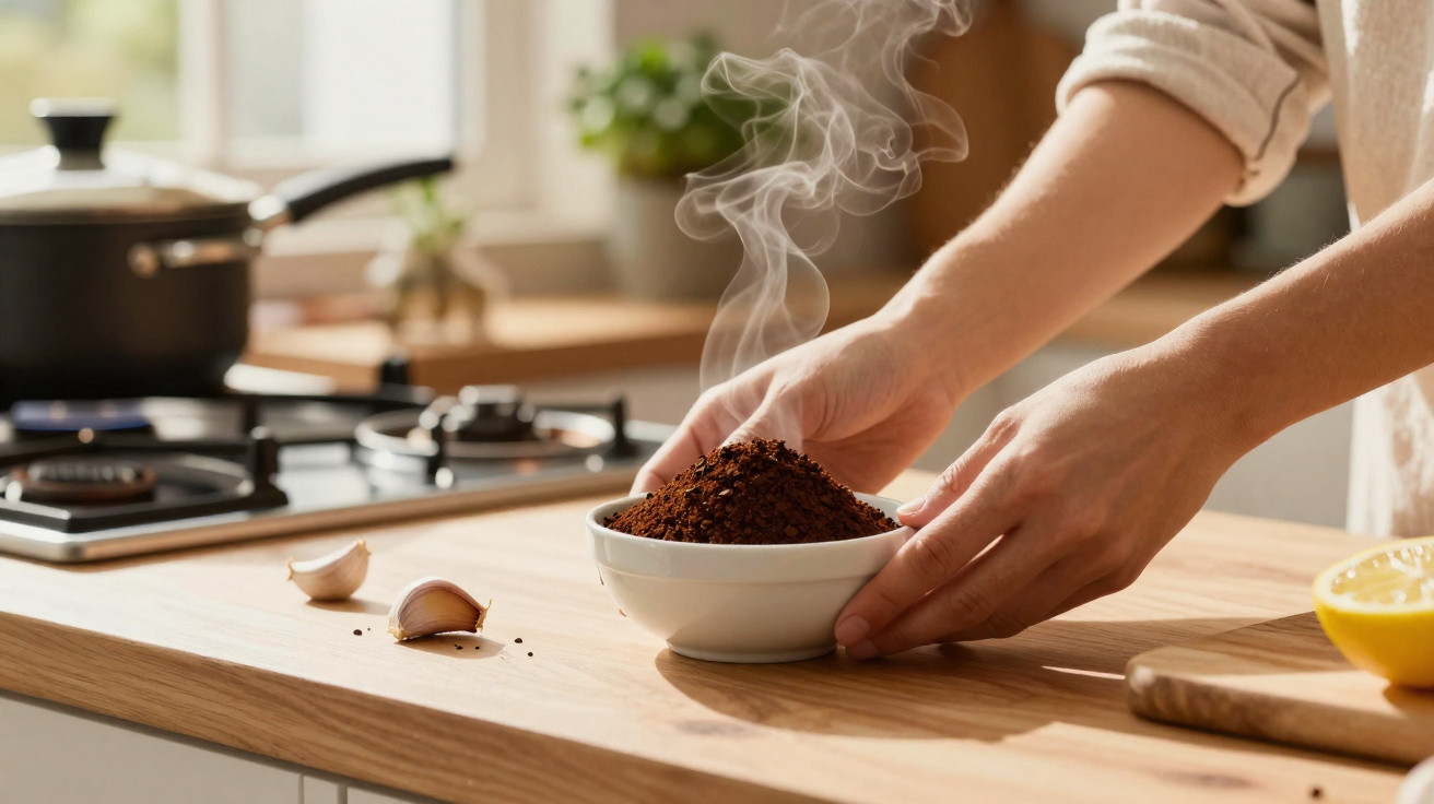 Person hält Schale mit frisch gemahlenem, dampfendem Kaffee auf einer Holzarbeitsplatte in der Küche.
