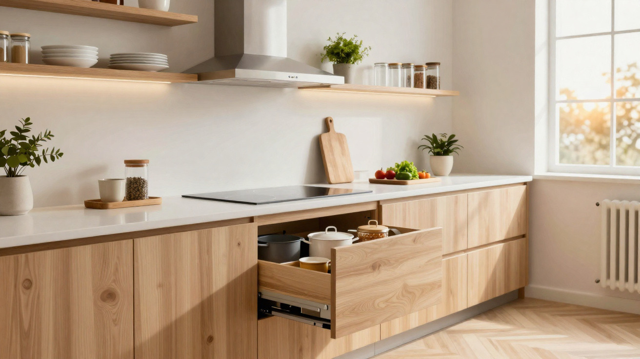 Moderne helle Küche mit Holzfronten, offenem Schubladenauszug, Pflanzen und Kochutensilien auf der Arbeitsplatte.