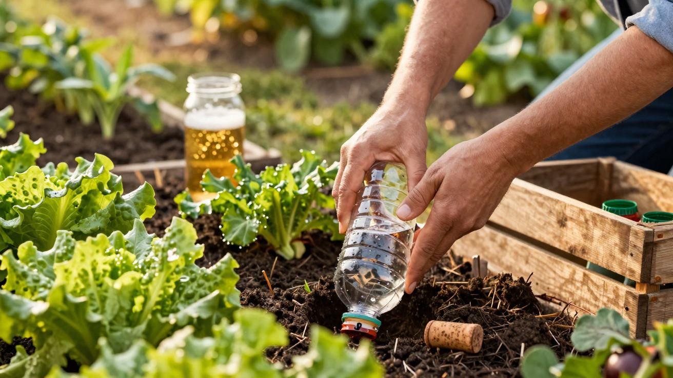 Person gießt im Garten mit einer Plastikflasche Wasser auf Salatpflanzen im Beet.