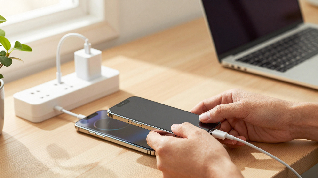 Person lädt ein Smartphone mit Kabel an einer Steckdosenleiste auf, Laptop und Pflanze auf Holztisch sichtbar.
