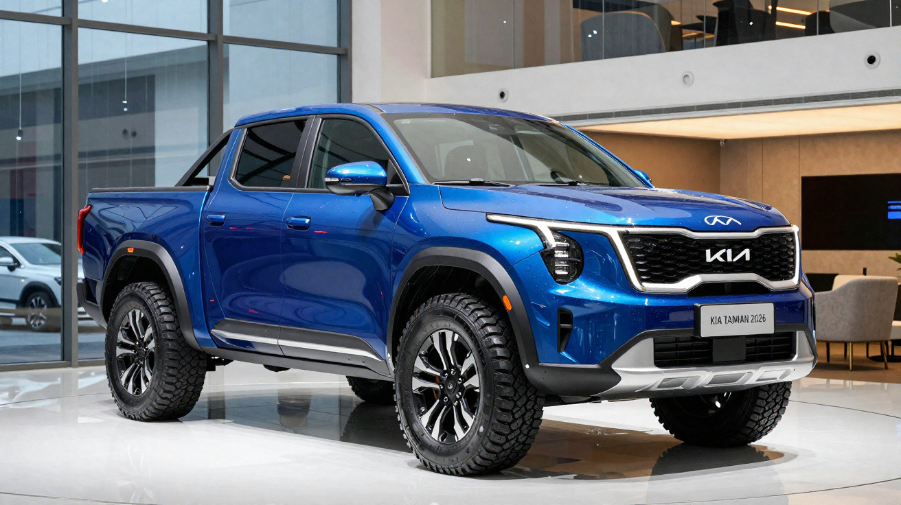 Blauer Kia Tamman 2026 Pick-up Truck in moderner Ausstellungshalle, Seiten- und Frontansicht.