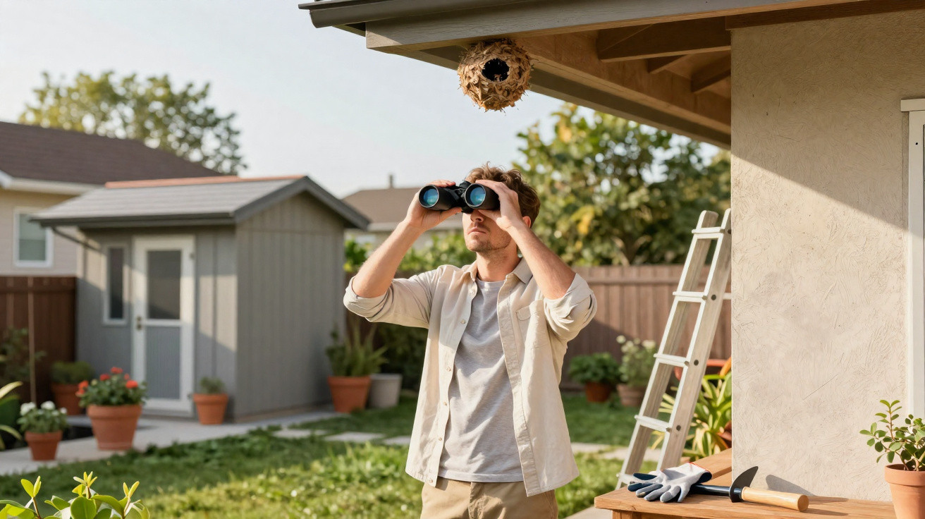 Mann beobachtet mit Fernglas ein Vogelnest unter dem Hausdach im Garten mit Leiter und Gartenwerkzeugen.