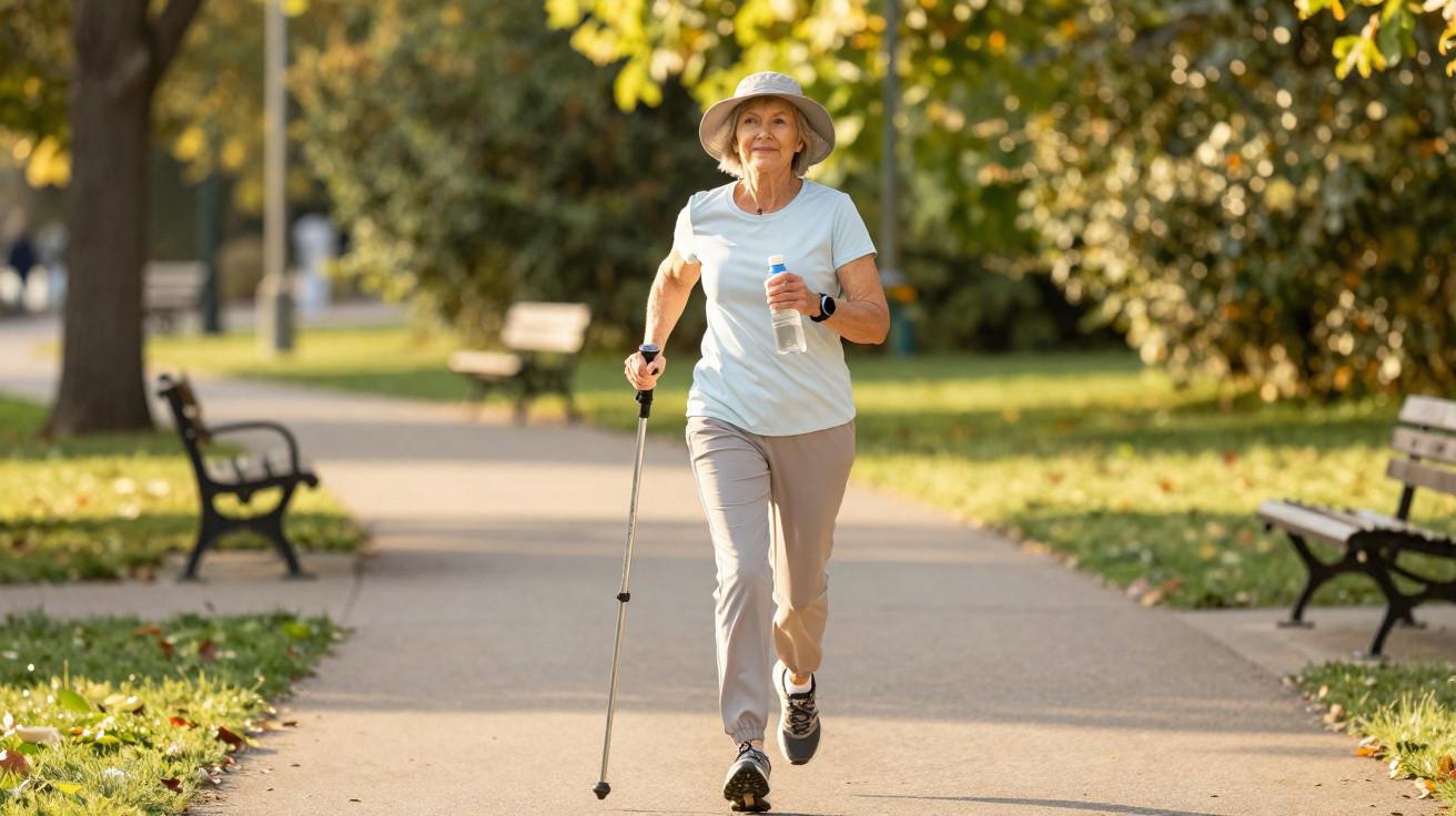 Ältere Frau mit Hut joggt im Park, hält Trinkflasche und Nordic-Walking-Stick in der Hand.