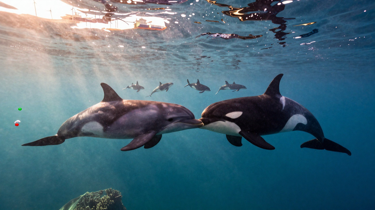 Zwei Wale berühren sich sanft unter Wasser, im Hintergrund schwimmen Delfine nahe der Wasseroberfläche.