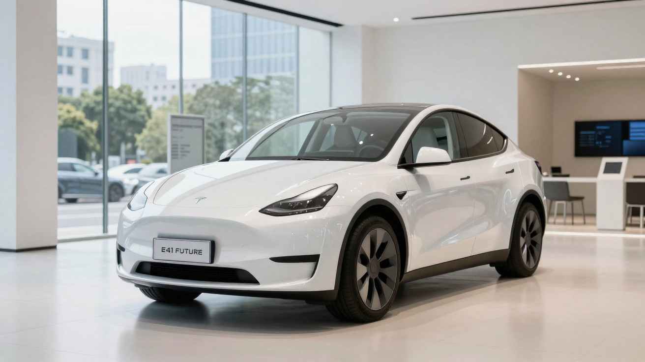 Weißes Tesla Elektroauto Model Y in modernem Showroom mit großem Panoramafenster und heller Einrichtung.