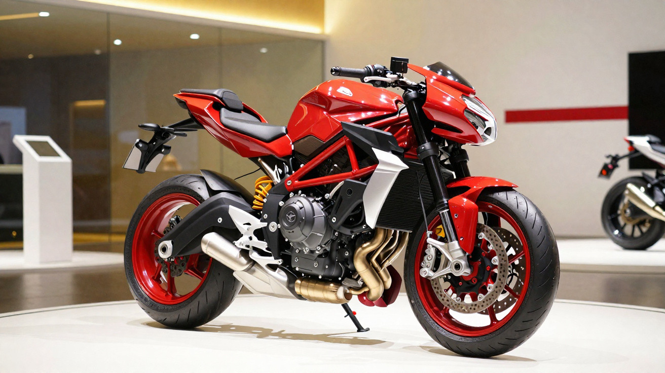Rotes Sportmotorrad mit schwarzem Motor und Auspuff auf weißem Ausstellungsplattform in modernem Raum.