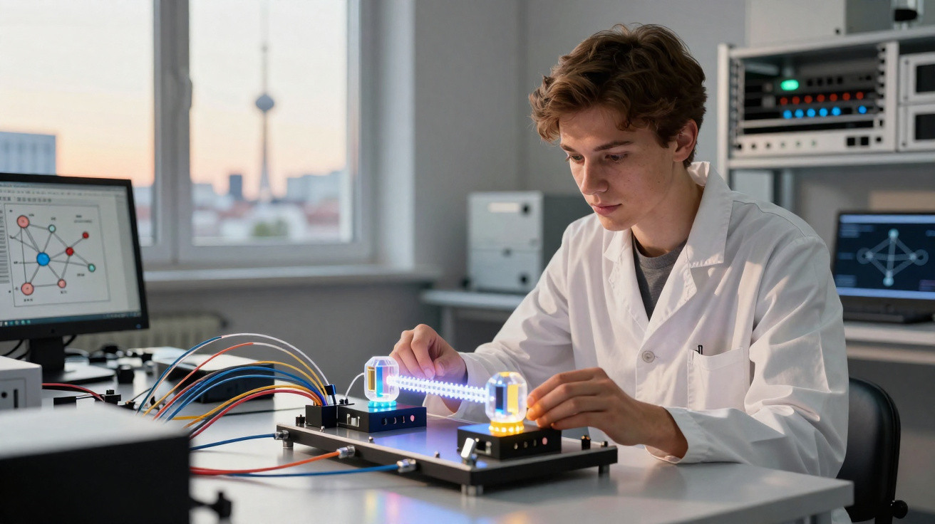 Junger Wissenschaftler im Labor testet leuchtende optische Geräte mit Kabeln und Bildschirmen im Hintergrund.
