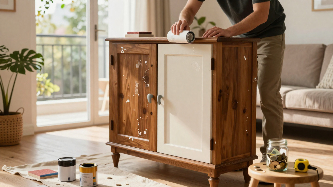 Person trägt Klebefolie auf einen Holzschrank in hellem Wohnzimmer auf.