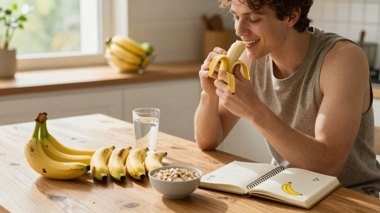 Junger Mann isst Banane am Tisch mit Bananen, Müsli, Glas Wasser und Notizbuch mit Bananenzeichnung.