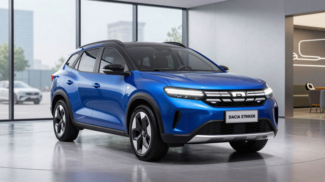 Blauer Dacia Striker SUV in modernem Showroom mit großen Fensterfronten und minimalistischer Einrichtung.
