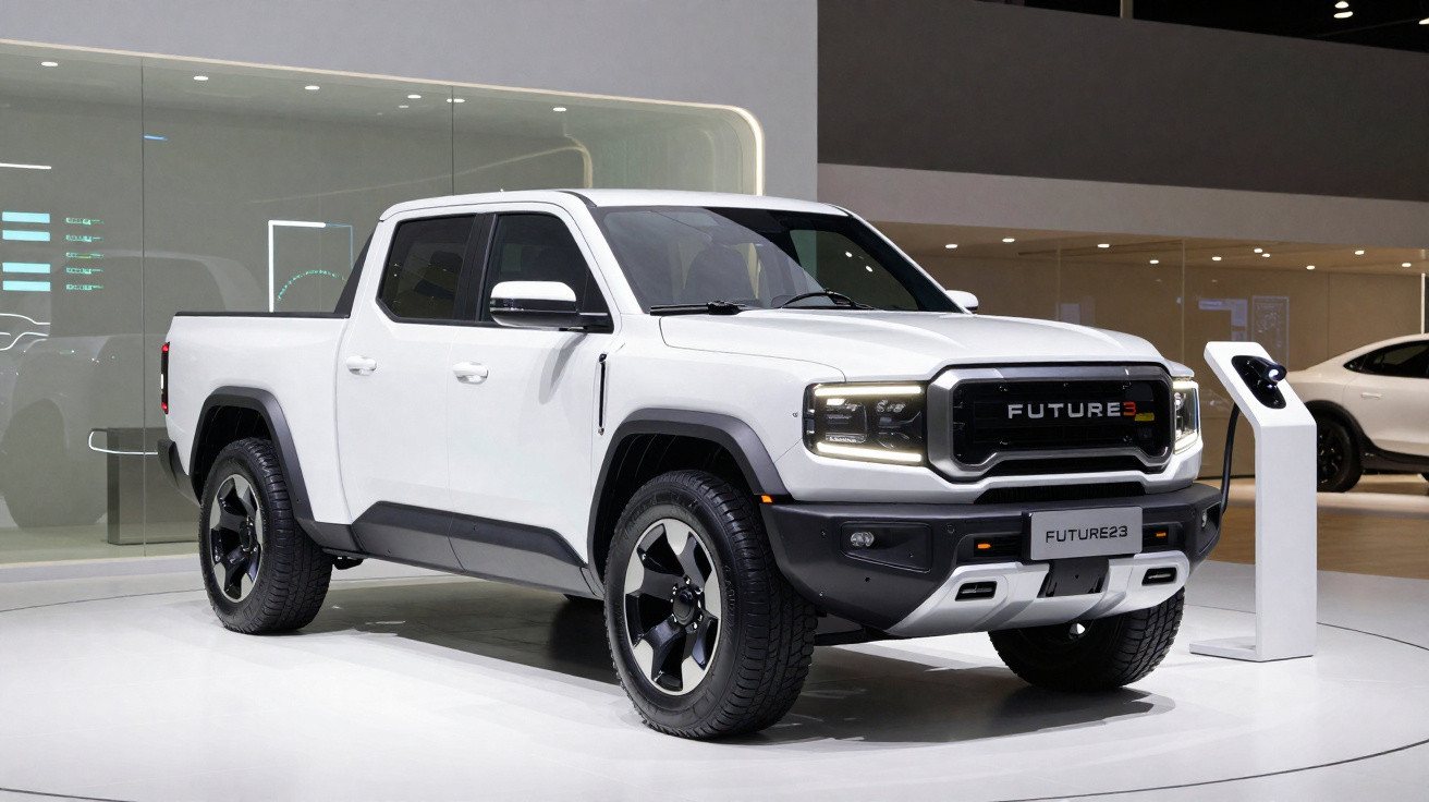 Weißer Future-Pickup mit Ladeanschluss auf moderner Autobühne in Ausstellungshalle.
