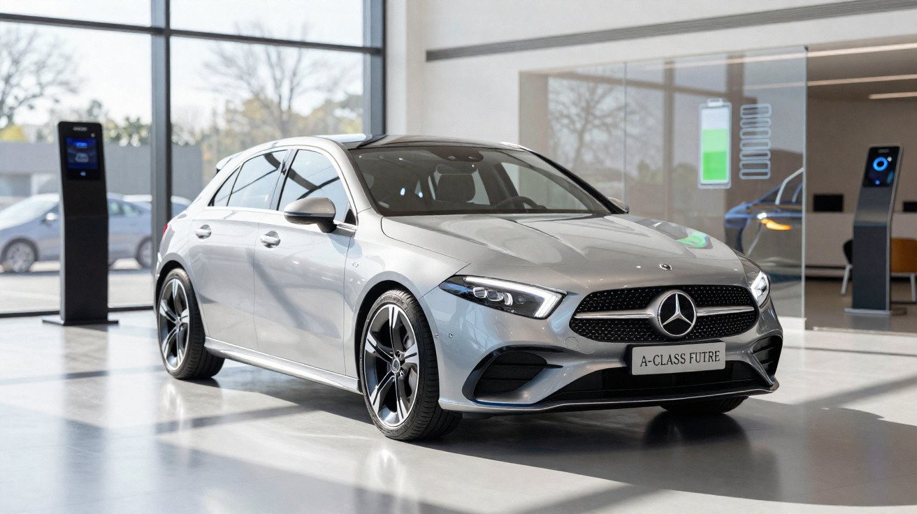 Silberner Mercedes A-Klasse Fünftürer in modernem Showroom mit elektrischen Ladestationen im Hintergrund.