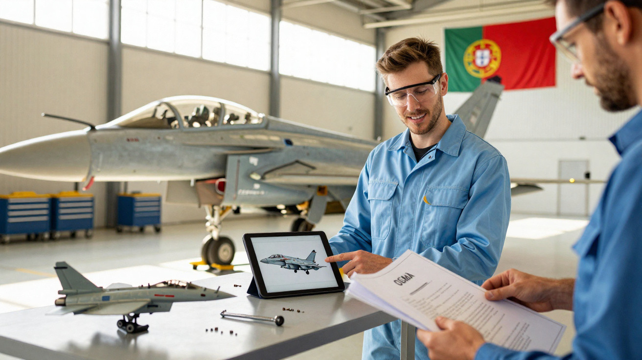 Zwei Techniker besprechen Jetmodell und technische Zeichnung in einem Hangar mit Kampfjet im Hintergrund.