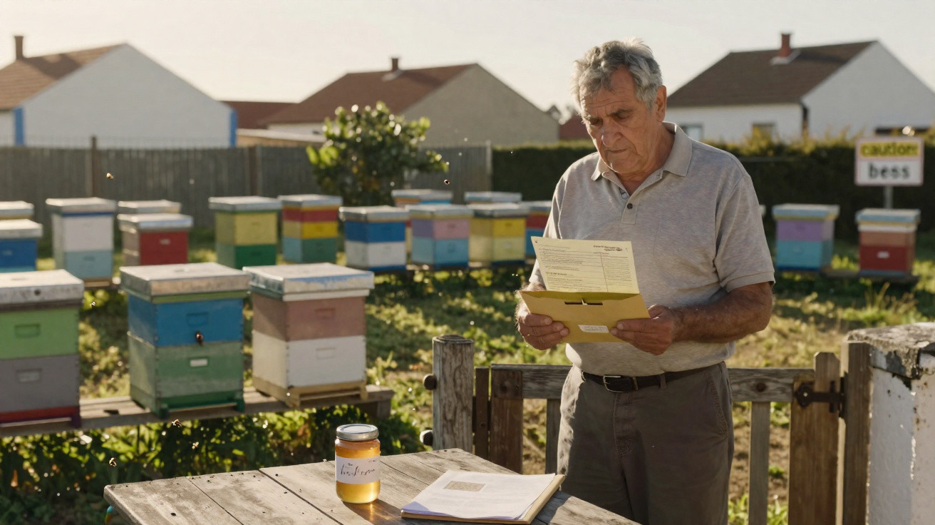 Älterer Mann liest Papiere neben Bienenstöcken auf Bienenfarm an sonnigem Tag.