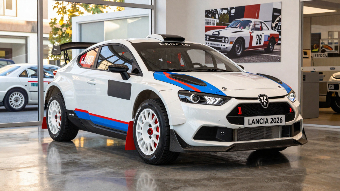 Weißer Lancia Rallye-Wagen 2026 mit blau-roten Streifen und großen weißen Felgen in Ausstellungshalle.