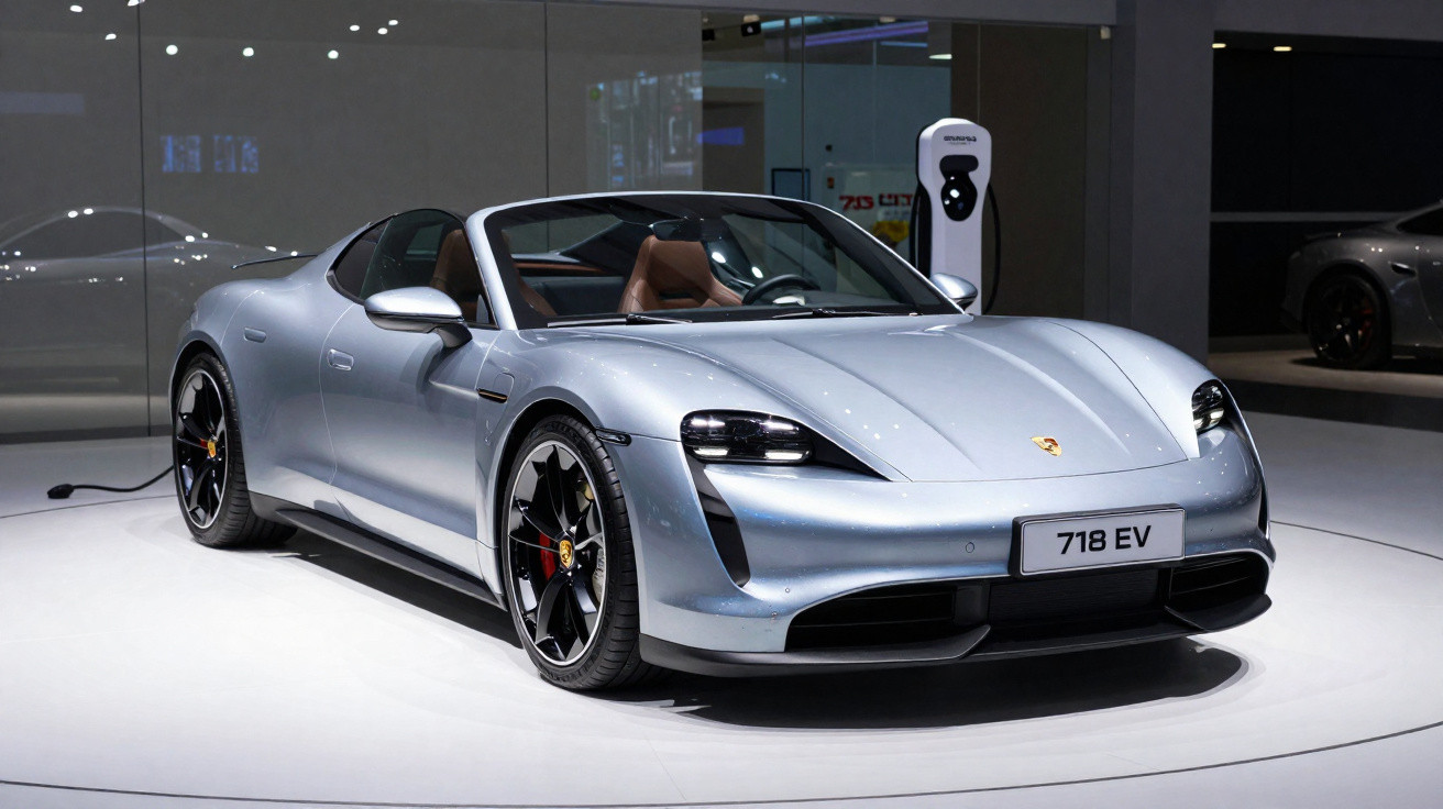 Silberner Porsche 718 EV Sportwagen mit offenem Verdeck lädt an Ladestation in moderner Ausstellungshalle.