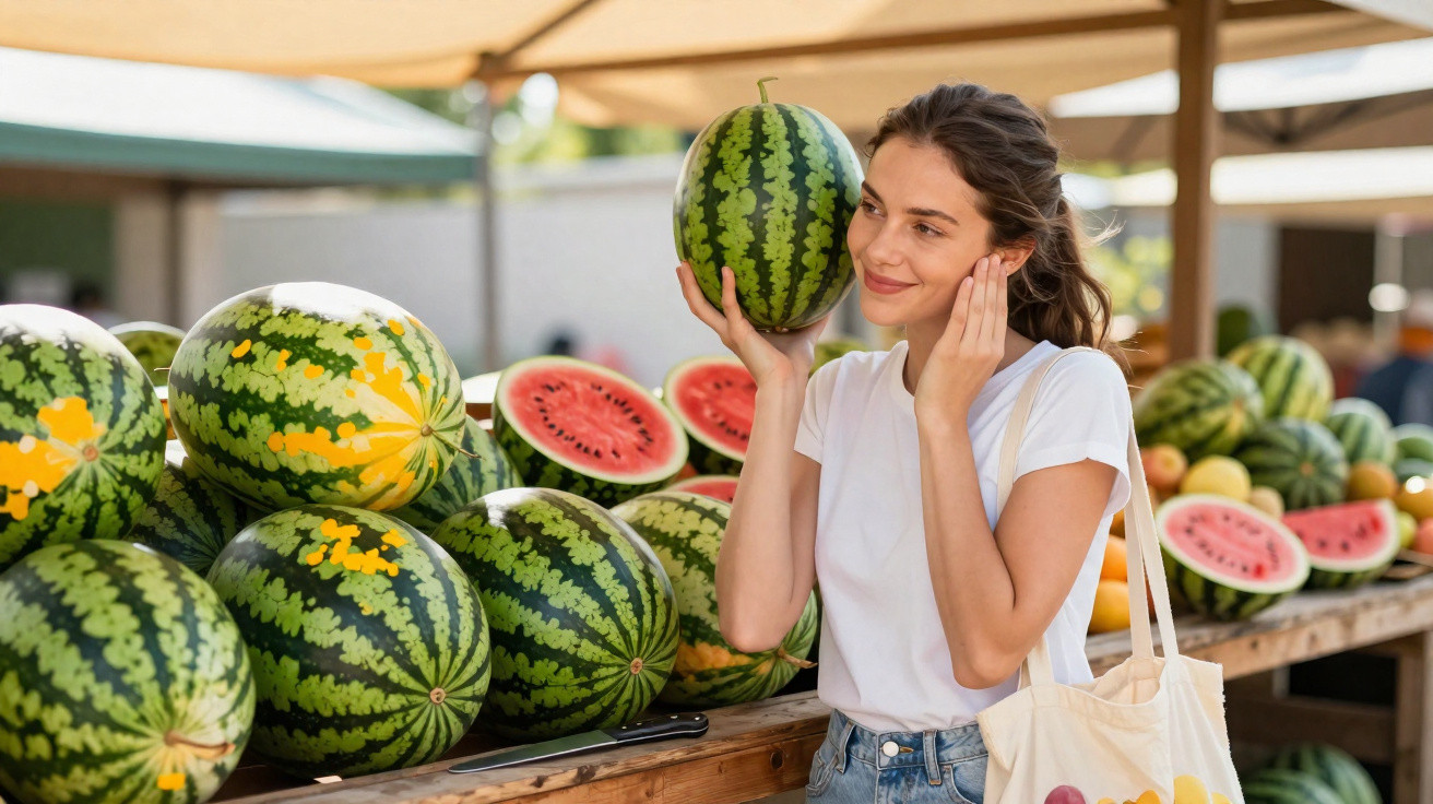 Junge Frau hält eine Melone am Ohr auf einem Marktstand mit vielen Wassermelonen im Hintergrund.