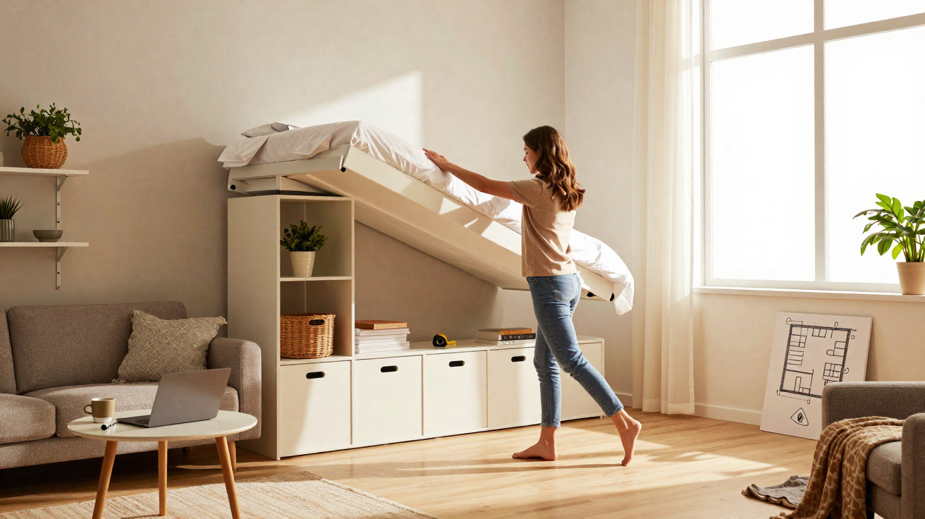 Frau klappt Bett hoch, unterschrank mit Stauraum im hellen Wohnzimmer mit Sofa und großen Fenstern.